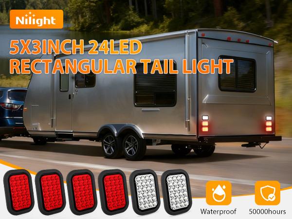 Nilight 5” X 3” Rectangular Trailer Tail Light 4 PCS White Red 24LED Brake Turn Signal Reverse Lights w/Flush Mount Grommets Plugs IP67 Waterproof for 12V Truck ATV UTV Trailer Bus RV Camper
