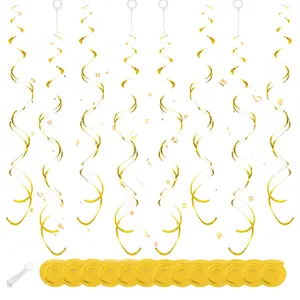 30-Pack Gold Hanging Swirl Streamers, Ceiling Foil Decorations for Weddings, Birthdays & More