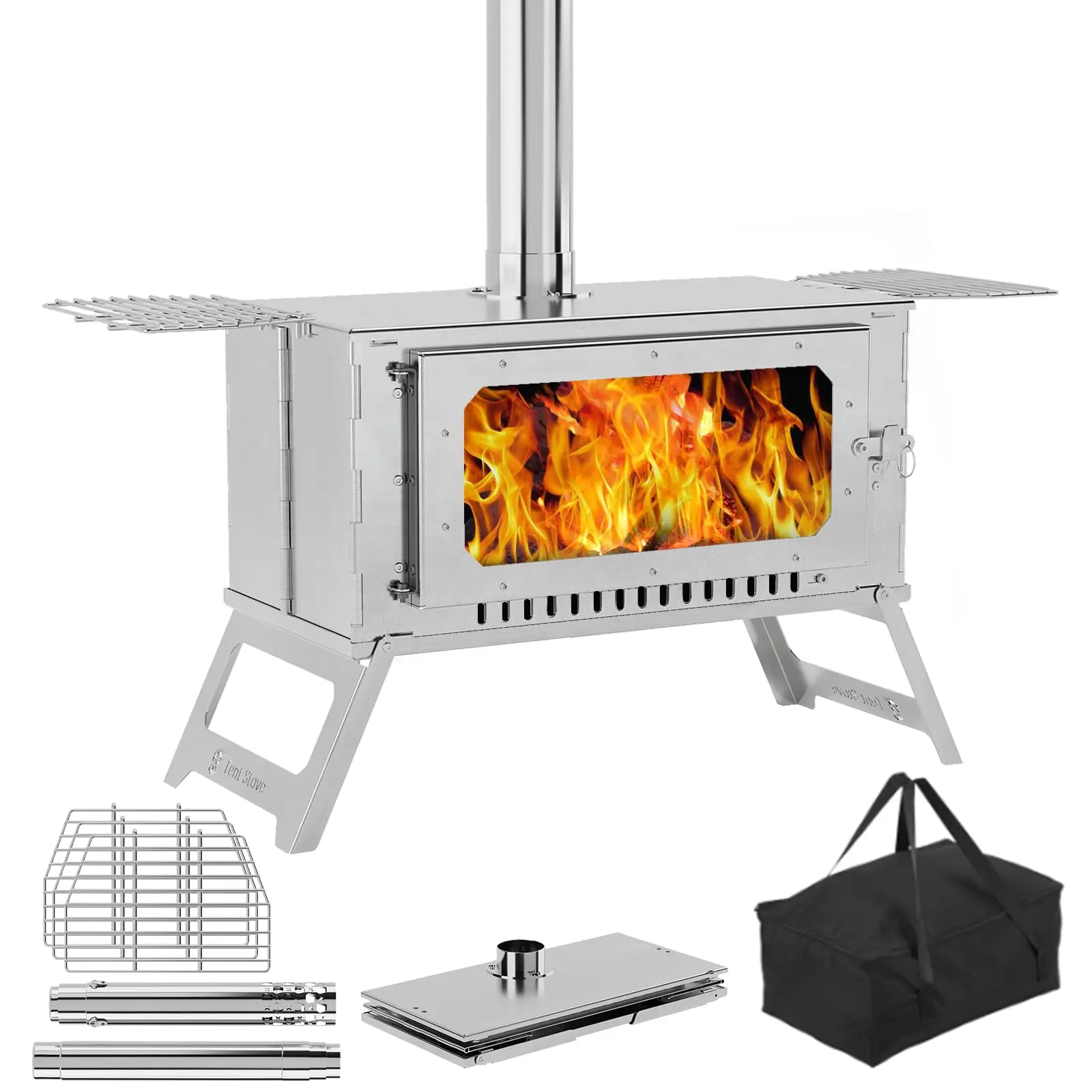 Gaomon Portable Foldable Stainless Steel Wood-Burning Stove - 20"x10"x10", 24.5"x10"x15.4", Rust-Proof, Weather-Resistant, Outdoor Firebox with Grill, Pipes, View Glass, Carry Bag, Fewer Refuels for Campfire/BBQ Party Cooking