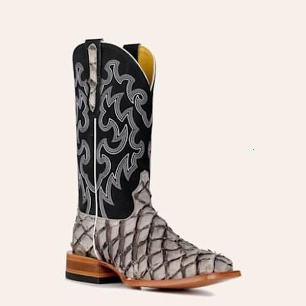 Cavender’s Men’s Wide Square Toe Western Cowboy Boots – Charcoal Gray & Black