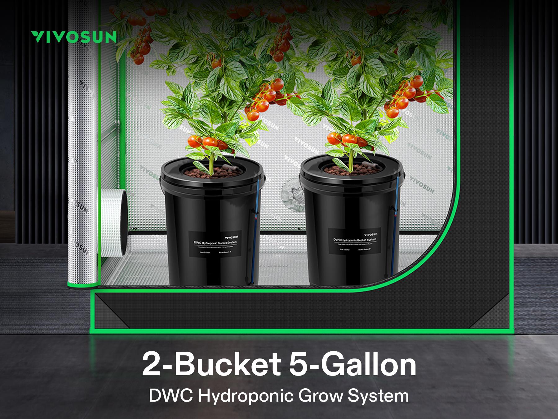 VIVOSUN DWC Hydroponics Grow System with Top Drip Kit, 5-Gallon Deep Water Culture, Recirculating Drip Garden System with Multi-Purpose Air Hose, Air Pump, and Air Stone (2 Buckets + Top Drip Kit)