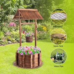 Large Wooden Wishing Well Planter for Garden, Rustic Outdoor Wishing Well with Hanging Bucket Flower Pot, Decorative Yard Lawn Patio Planter, Farmhouse Garden Decor, Backyard Landscaping Flower Bed Planter Box for Plants Herbs Flowers Outdoor Decoration