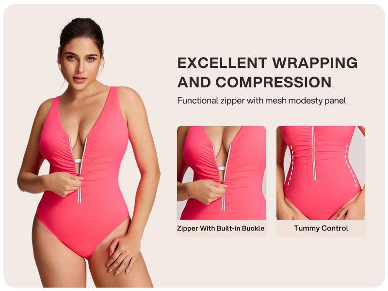 Lilylove Women's Shaping Swimsuit Zip-Front Ruched Wide Straps Tummy Tucking Slimming Sculpting Snatched Waist One Piece Bathing Suit Swimwear Swimming Beach