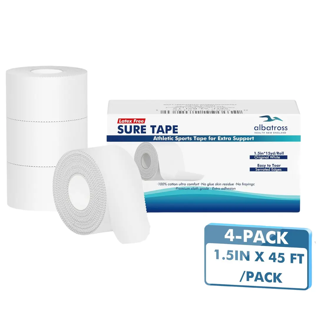 White Cotton Athletic Sport Tape 4-Pack (1.5 in x 45 ft) - Easy-Tear, Water Resistant & Hypoallergenic with Superior Grip for Adult Joint Support & Physical Therapy
