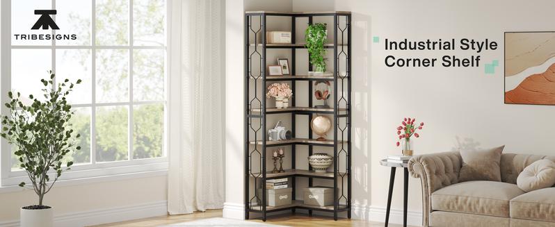 LITTLE TREE Corner Shelf, 7-Tier Industrial Corner Bookshelf, Wood and Metal Corner Etagere Bookcase, Freestanding Display Shelf for Living Room, Kitchen, Home Office LITTLE TREE Corner Shelf, 7-Tier Industrial Corner Bookshelf, Wood and Metal Corner Etagere Bookcase, Freestanding Display Shelf for Living Room, Kitchen, Home Office