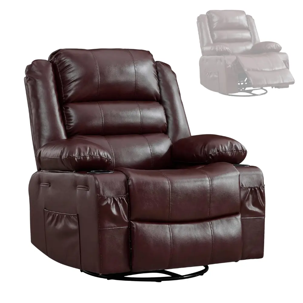 Manual Rocking Recliner Chair for Adults – Wide 360° Swivel Rocker Recliner with Cup Holder, Nursery Glider with Upholstered Deep Seat PU Leather Comfy Single Sofa for Living Room