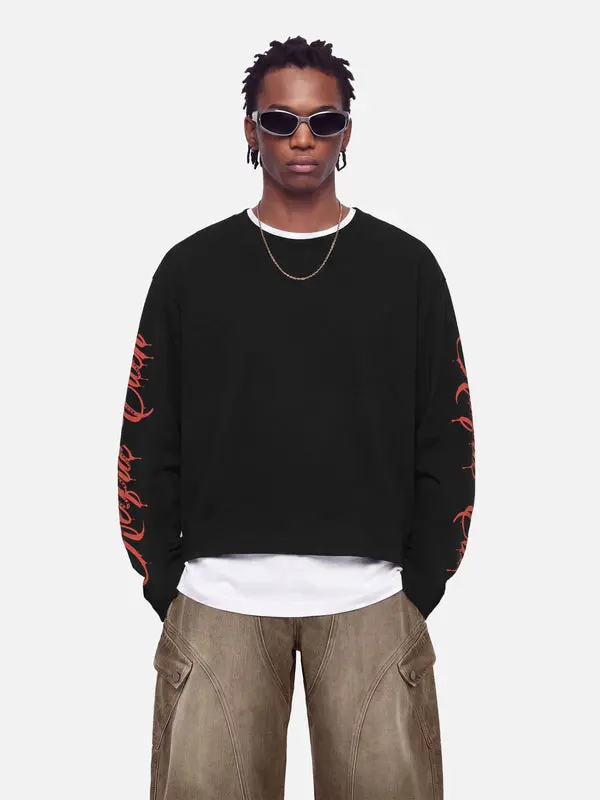 Aelfric Eden Boxy Thorn Chain Graphic Long Sleeve Tee Oversized Boxy Fit Dual Sleeve Thorn Chain Print Detail Heavyweight Cotton Fabric Y2K Edgy Streetwear Unisex Top