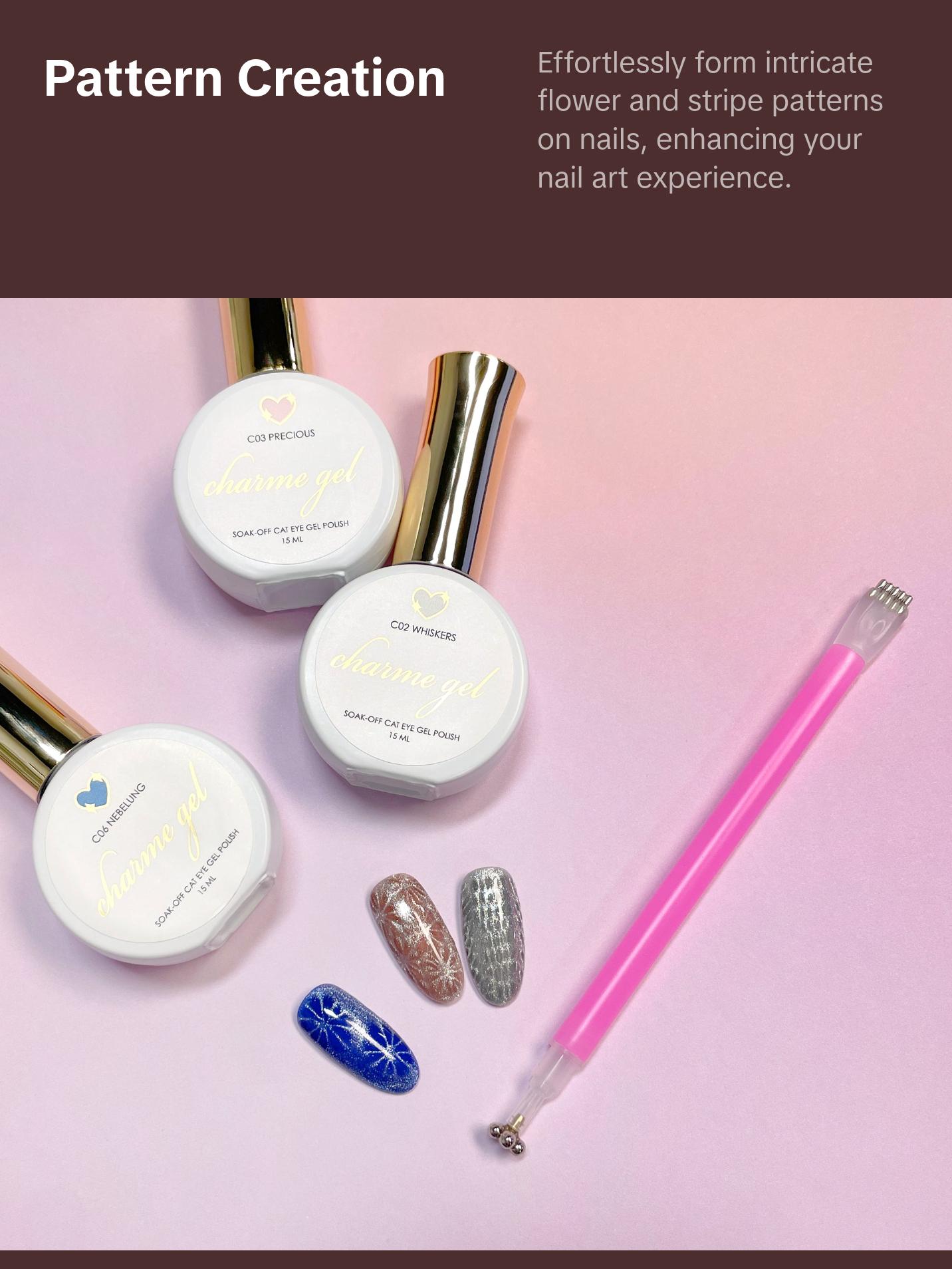 Double-Sided Flower & Stripe Cat Eye Nails Magnet Pen