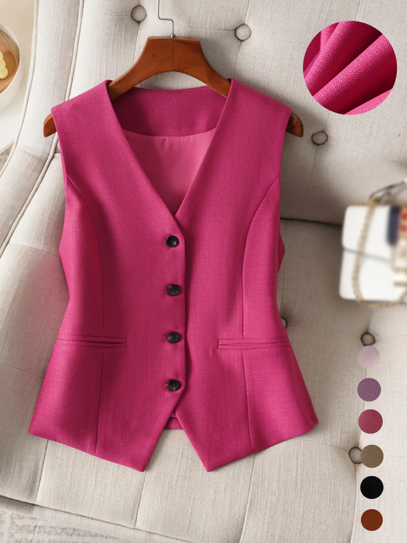 Women's Solid Button Front Fake Pocket Vest Blazer, Elegant Chic V Neck Sleeveless Outerwear for Work Office Business, Ladies Spring & Fall Clothes