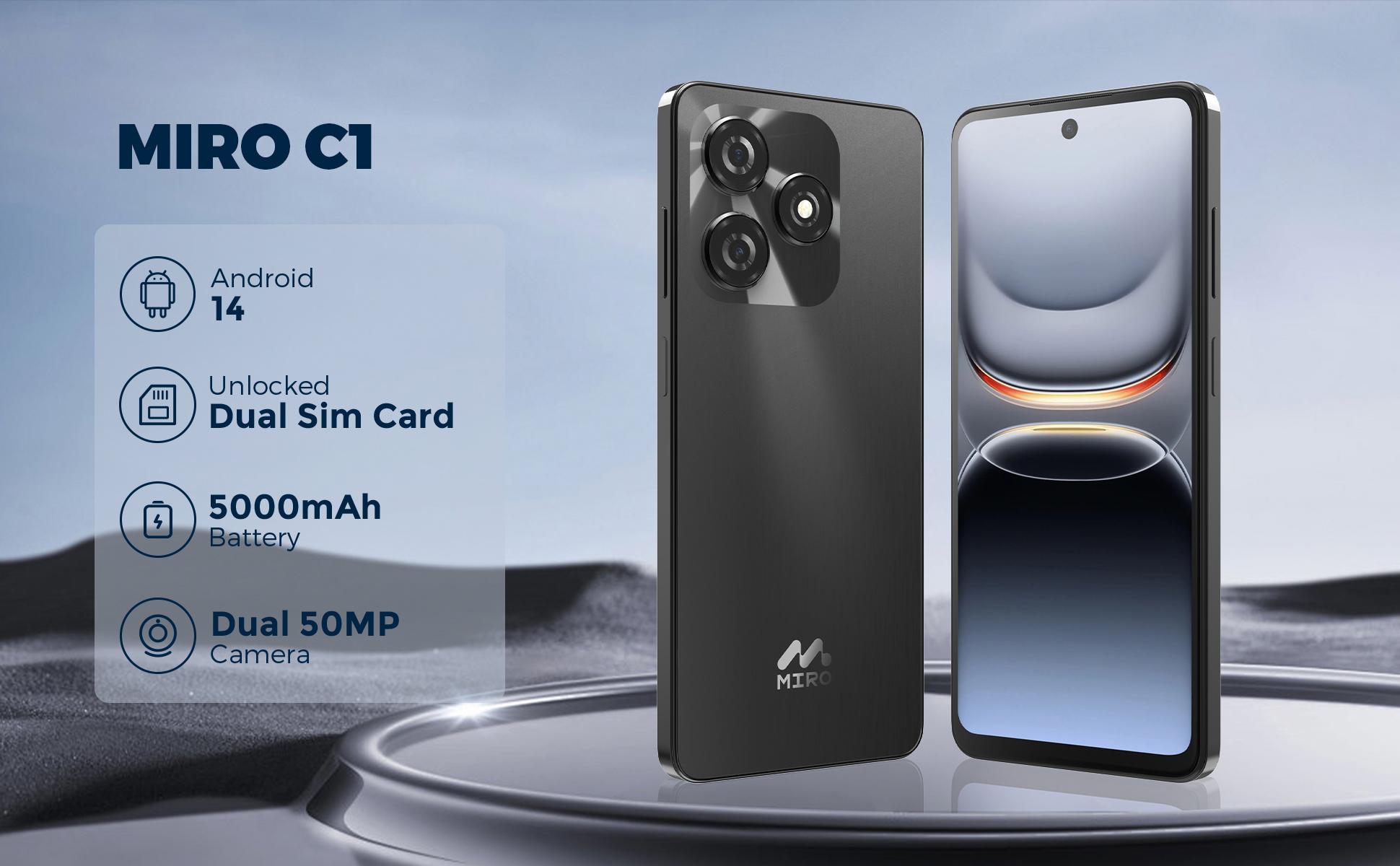 【C1】MIRO Selfie & Stream Camera Phone – Dual 50MP Front & Back Cameras, 5000mAh Battery, 12GB RAM + 128GB Storage, Android 14, Unlocked Dual SIM – Perfect for Vlogging, Live Streaming, Travel, Social Media & Daily Use, Ideal Gift for Content Creators