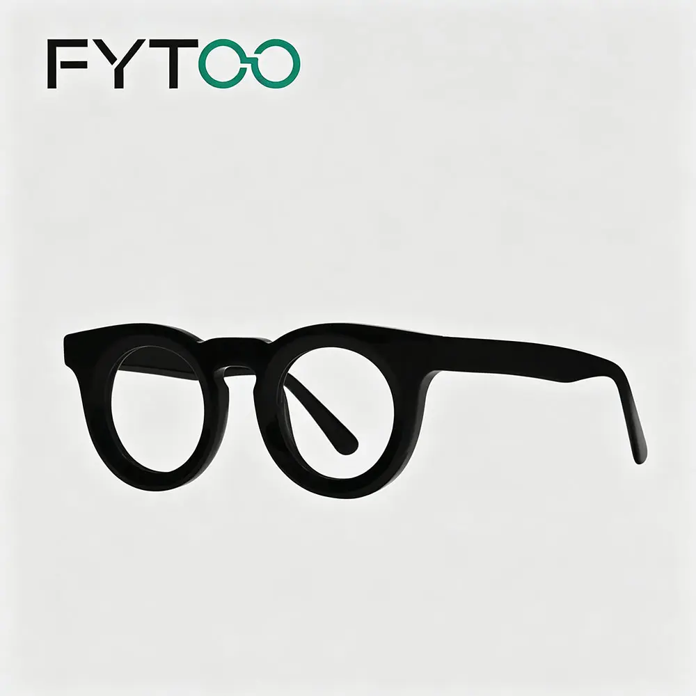 FYTOO Unisex Full Rim Ultra-Light Glossy Black Chunky Round Cat Eye Acetate Eyeglasses, Vintage Retro Statement Frames for Daily Wear with Replaceable Lenses, Trending Glasses, Eyeglasses Frames, Frame Glasses