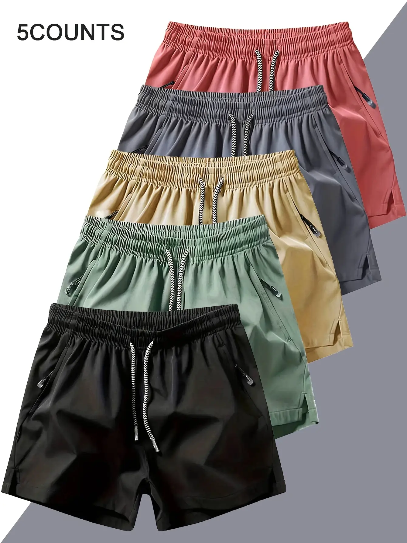 Men’s 5-Pack Drawstring Waist Athletic Shorts, Summer Quick-Dry Elastic Waist Shorts with Zipper Pockets, Durable Comfort, Suitable for Gym, Outdoor Leisure, Drawstring Waist Men's Shorts