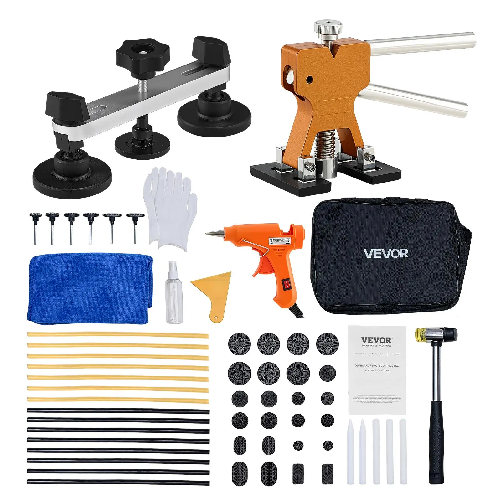 Summerfinds 60PCS Paintless Dent Removal Tool Kit, Car Repair Set with Adjustable Lifters, Bridge Puller, Rubber Hammer, High-Viscous Hot Melt Glue Tool, Glue Sticks, Rubber Tabs for DIY Dent Removal, Fridge Ding Fix (Firmly Bonds Pull Tabs)