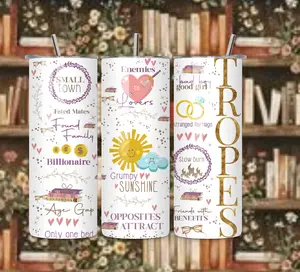 Book Tropes 20oz Tumbler | Romance Reader Stainless Steel Cup | BookTok Trope Lover Travel Mug | Bookish Insulated Drink Tumbler