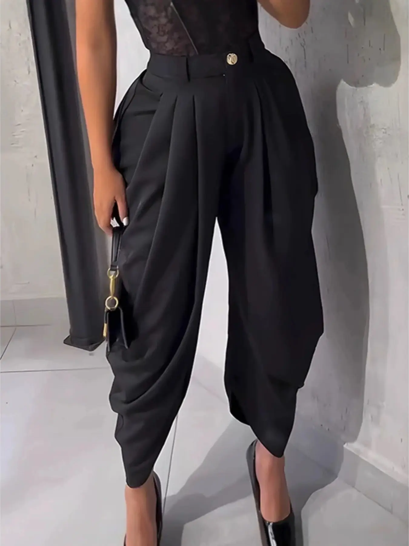 Women's Casual High Waist Wide Leg Pants Bottoms, Plain Long Elastic Waist Pockets, All-Season Fitted Design, Comfortable Daily Wear