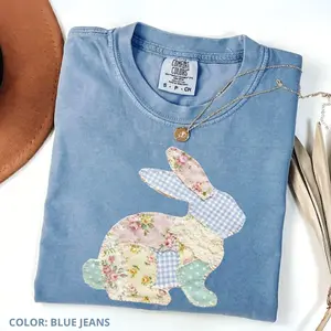 Comfort Colors Patchwork Bunny T-shirt, Trendy Easter Shirt, Floral Retro Coquette Duck Shirt, Cottage Core Gingham Patchwork Apparel, Spring Patchwork