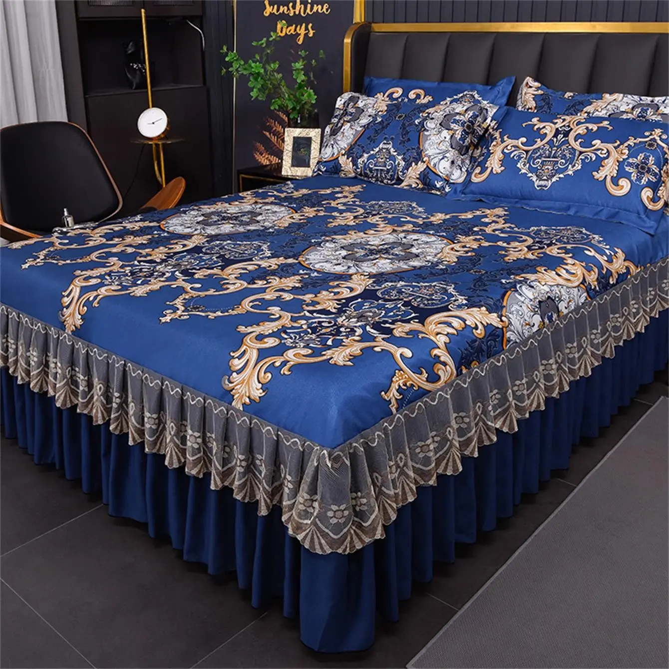 3-Piece Bed Skirt Set, Modern Elegant Floral Print, Ice Silk, Washable Lace Edges, Non-Slip, Suitable for Bedroom and Guest Room