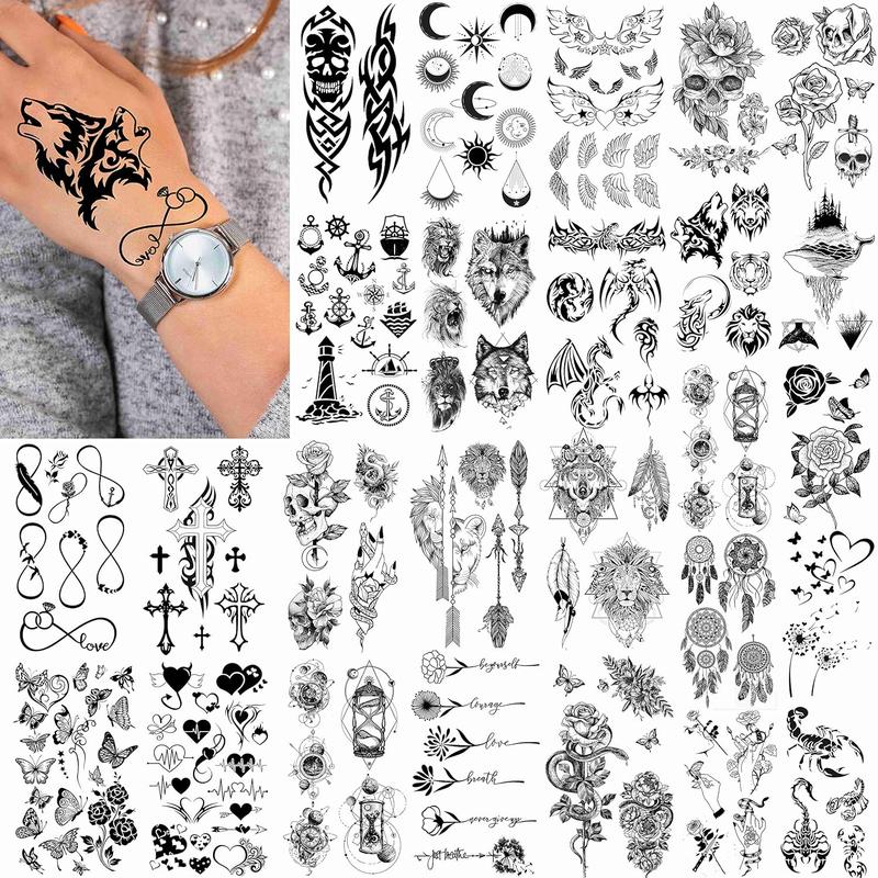 52 Sheets Creative Black Tiny Crown Infinity Triangle Fake Tattoos For Men Women Realistic Stars Letters Tattoos For Kids Tattoos Temporary Waterproof Arm Hand Face Finger Neck Tatoo Stickers