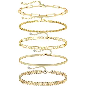 Virelyn S 14K Gold-Plated Trendy Bracelet Set for Women - Thin Dainty Stackable Cuban & Paperclip Chain Bracelets Minimalist Elegant Jewelry Gift Set