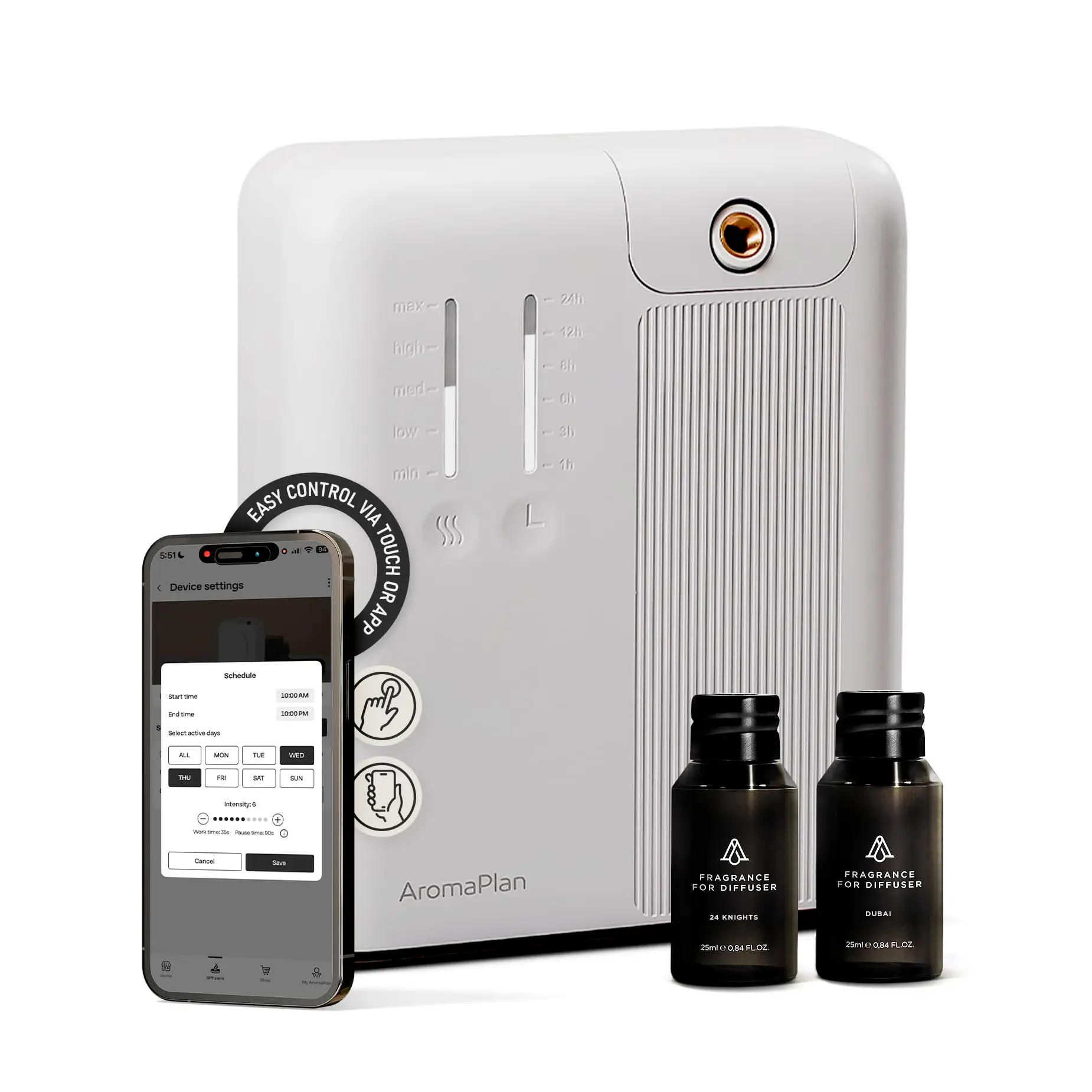 AromaPlan DAP Pro Diffuser, White - Includes 2 Fragrances, Dubai and 24Knights Best Sellers Home Diffusers