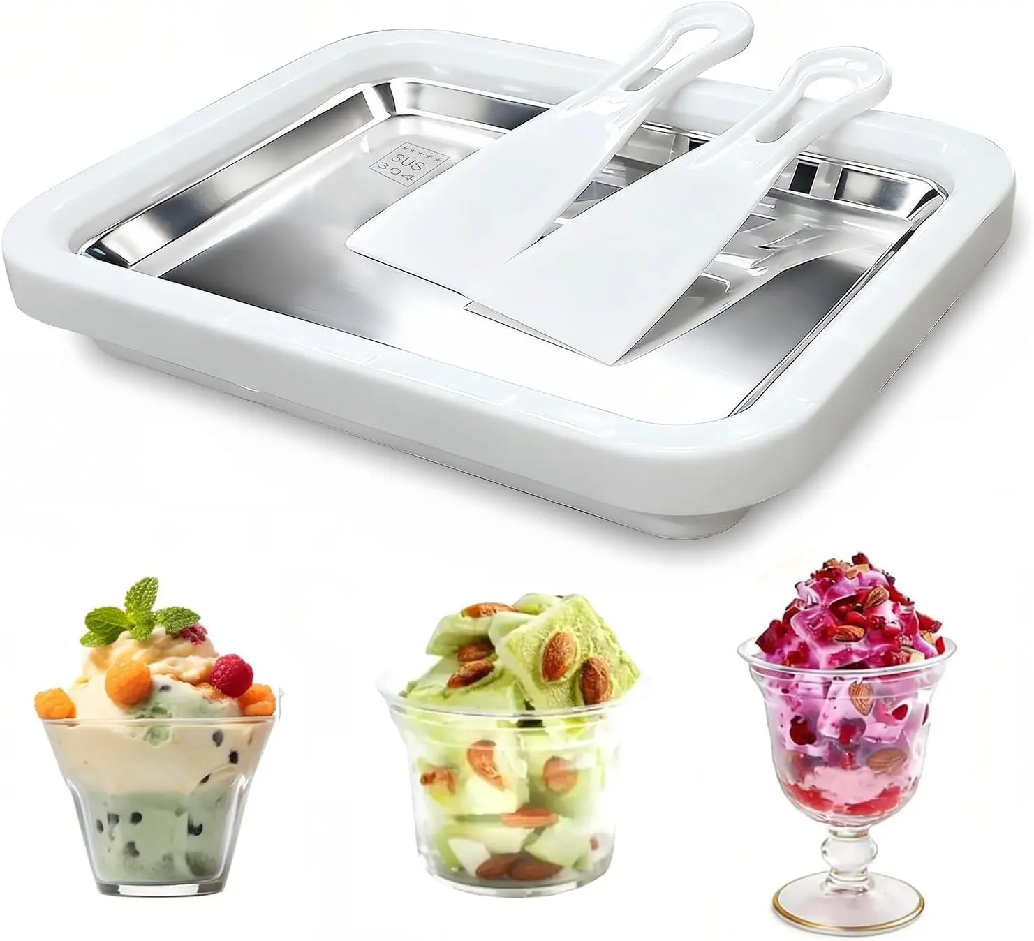 Rolled Ice Cream Maker with 2 Scrapers Food Grade Stainless Steel rolled ice cream tra for Frozen Yogurt/Slushie Birthday Gift Homemade DIY for Fun Parent-Child Activities Families (White)
