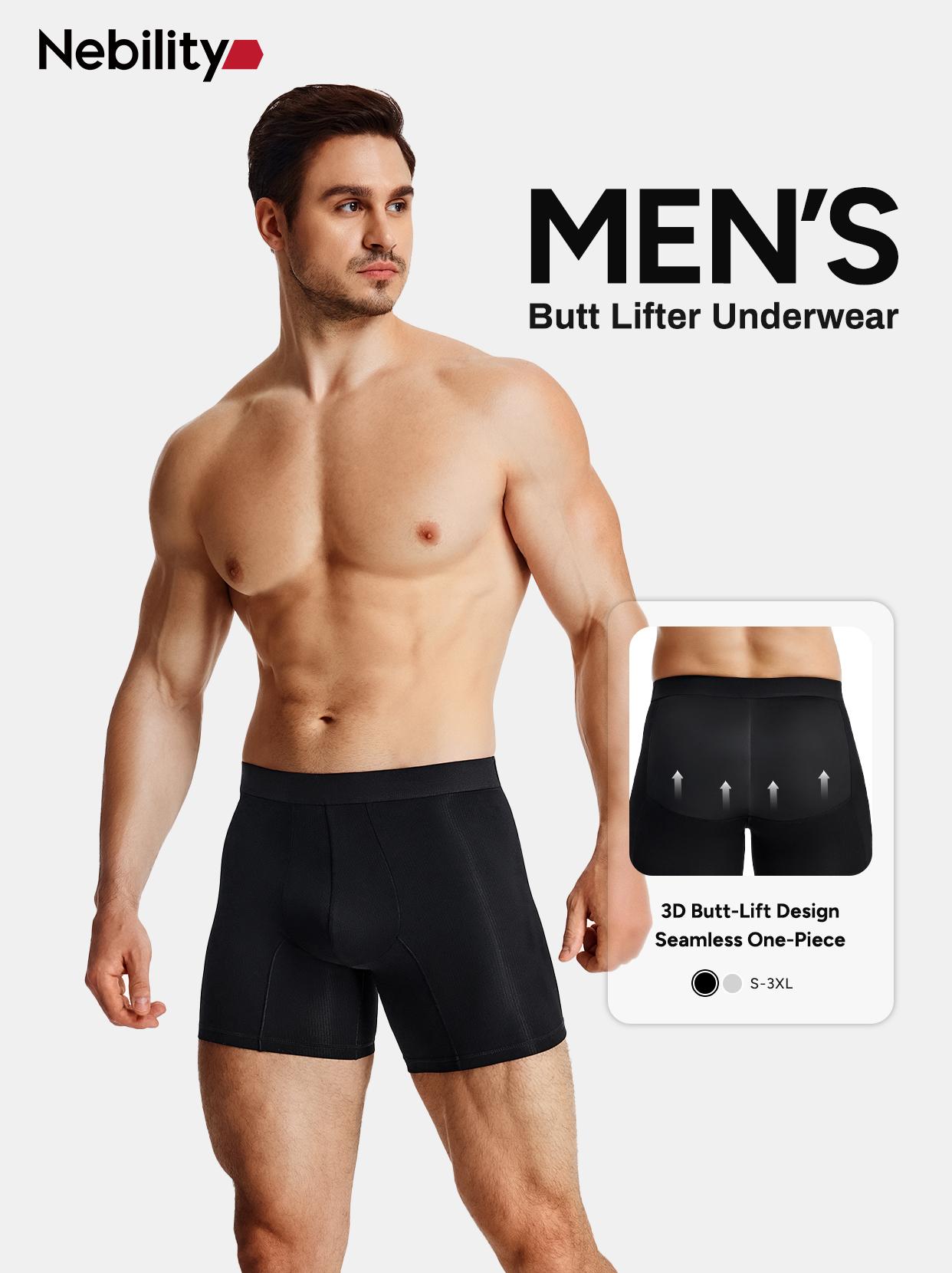 Nebility Mens 3D Butt Lift Enhancing Shapewear Boxer Briefs with Built-in One-Piece Fixed Hip Pad, Seamless Compression Underwear with High Elastic Waistband, 3D Contour Cut, Breathable Stretch Fabric for Tummy Control & Daily Support, Moisture-Wicking