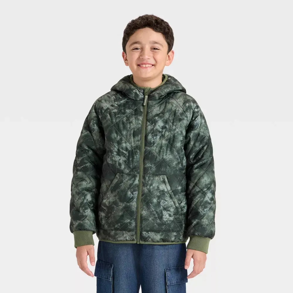 Cat & Jack Boys' Printed Hooded Reversible Puffer Coat - Zip Up, Casual Comfy, Warm Outerwear Jacket, Zip Up Jacket