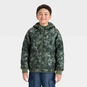 Cat & Jack Boys' Printed Hooded Reversible Puffer Coat - Zip Up, Casual Comfy, Warm Outerwear Jacket, Zip Up Jacket