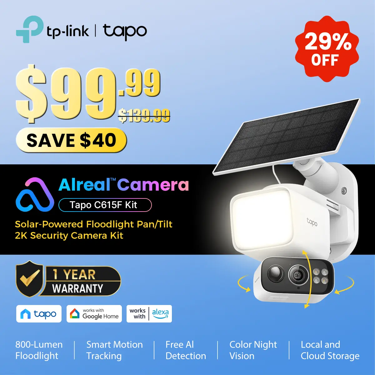 TP-Link & Tapo C615F Kit Solar Dimmable Floodlight 360° Pan/Tilt Security Camera Kit,2K 3MP  360° AI Tracking  Outdoor Wireless w/Solar Panel  Free Person/Vehicle Detection  Hack-Proof Security | Alexa & Google Home   #SummerWins #DealsForYouDays