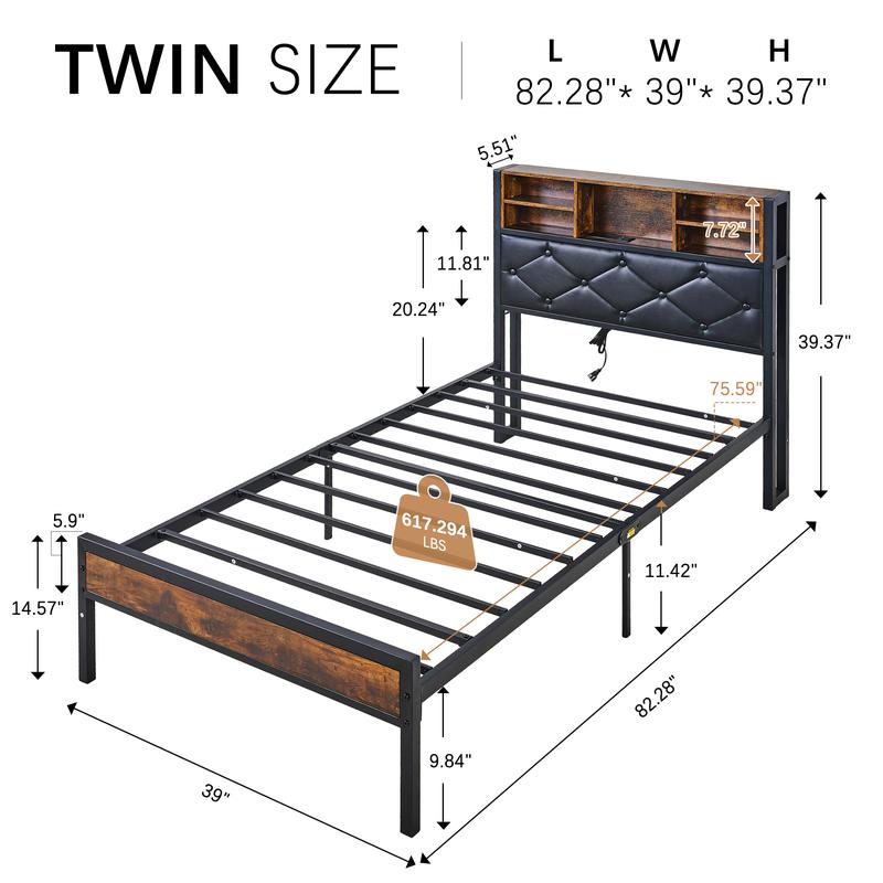 VECELO Queen Bed Frame Metal Platform Bed Queen Size with 2 Tiers Storage and LED Light Headboard, Type C Charging Station, No Box Spring Required