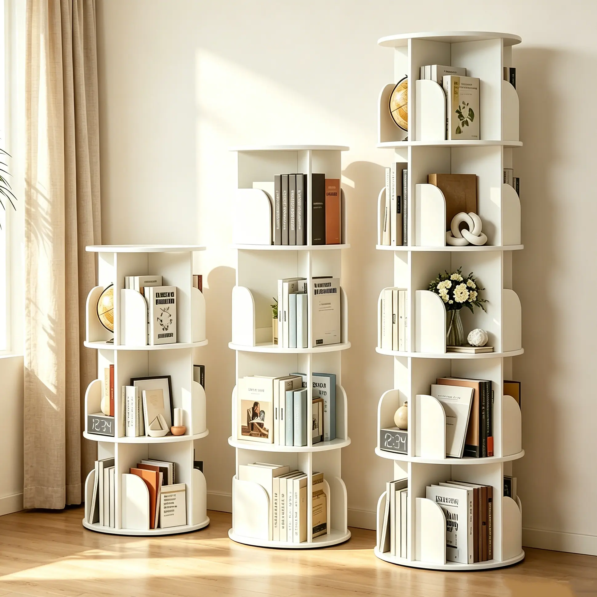 Sweetcrispy 360° Rotating Plastic Bookshelf - 3/4/5-Tier Floor Standing Corner Shelves, 25+kg Per Tier, Storage Organization Organizer Storage for Bedroom, Home Office Furniture, Room Decor