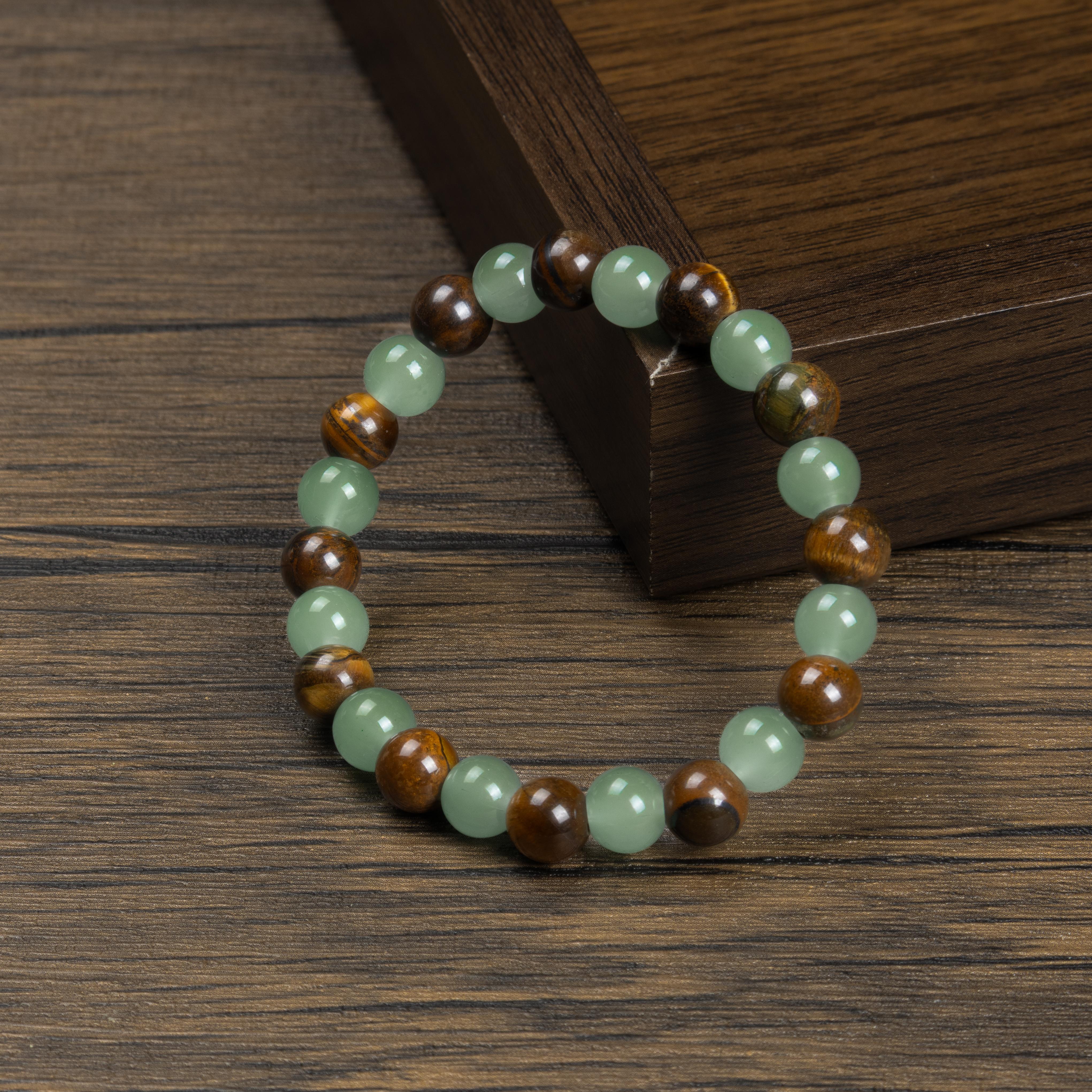 Money Bracelet with Green Aventurine & Tiger Eye, Natural Crystal Beaded Bracelet for Wealth Luck Protection Gift