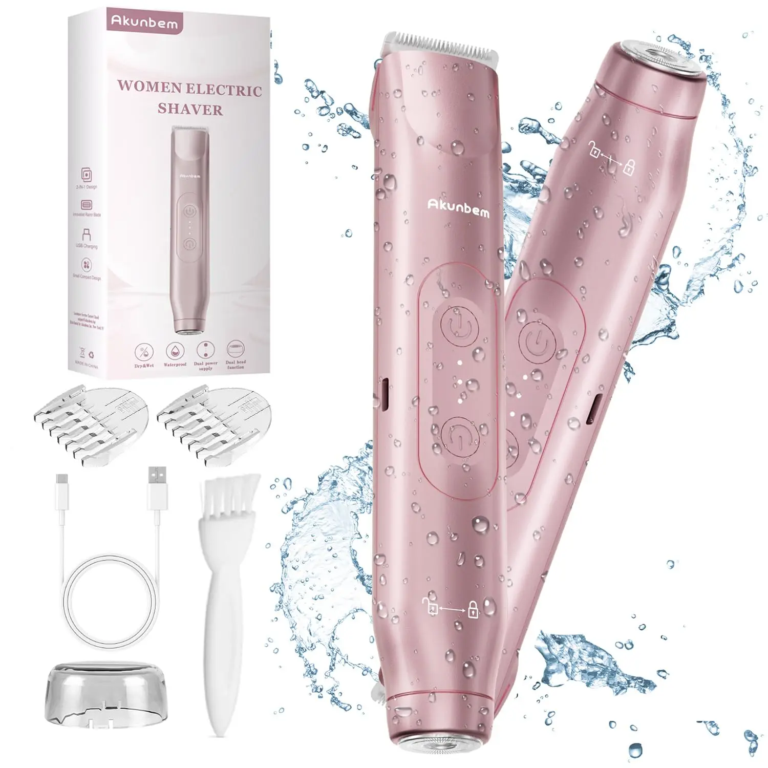 Akunbem Bikini Trimmer for Women, Electric Shaver and Razor Rechargeable 2-in-1 Body and Facial Epilator, Dual Heads for Painless Trimming of Pubic Hair, Face, Underarms and Legs, Summer Gift tiktokshopbacktoschool