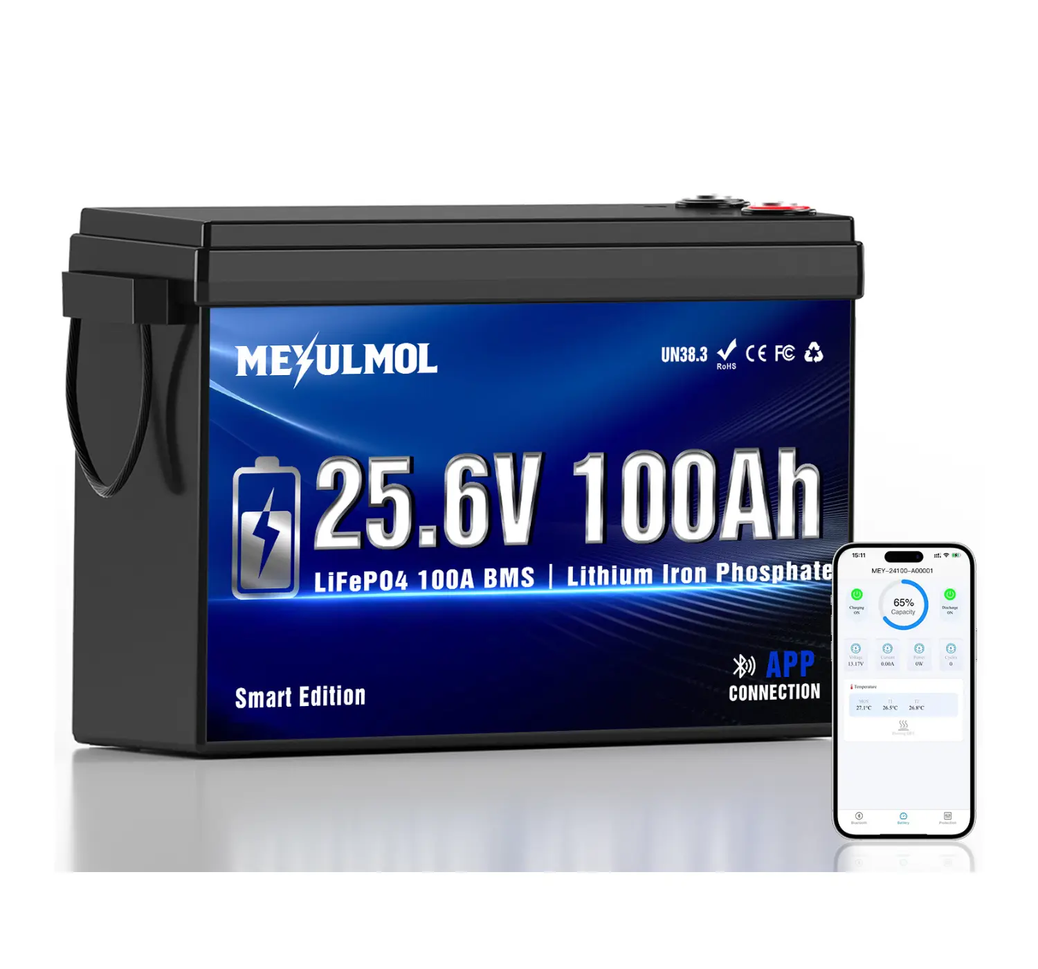 24V 100Ah LiFePO4 Lithium Battery with Bluetooth, 100A BMS, 2560Wh Energy, 5000+ Cycles, Perfect for RV, Solar, Trolling Motor, Camping, Off-Grid & Home Backup