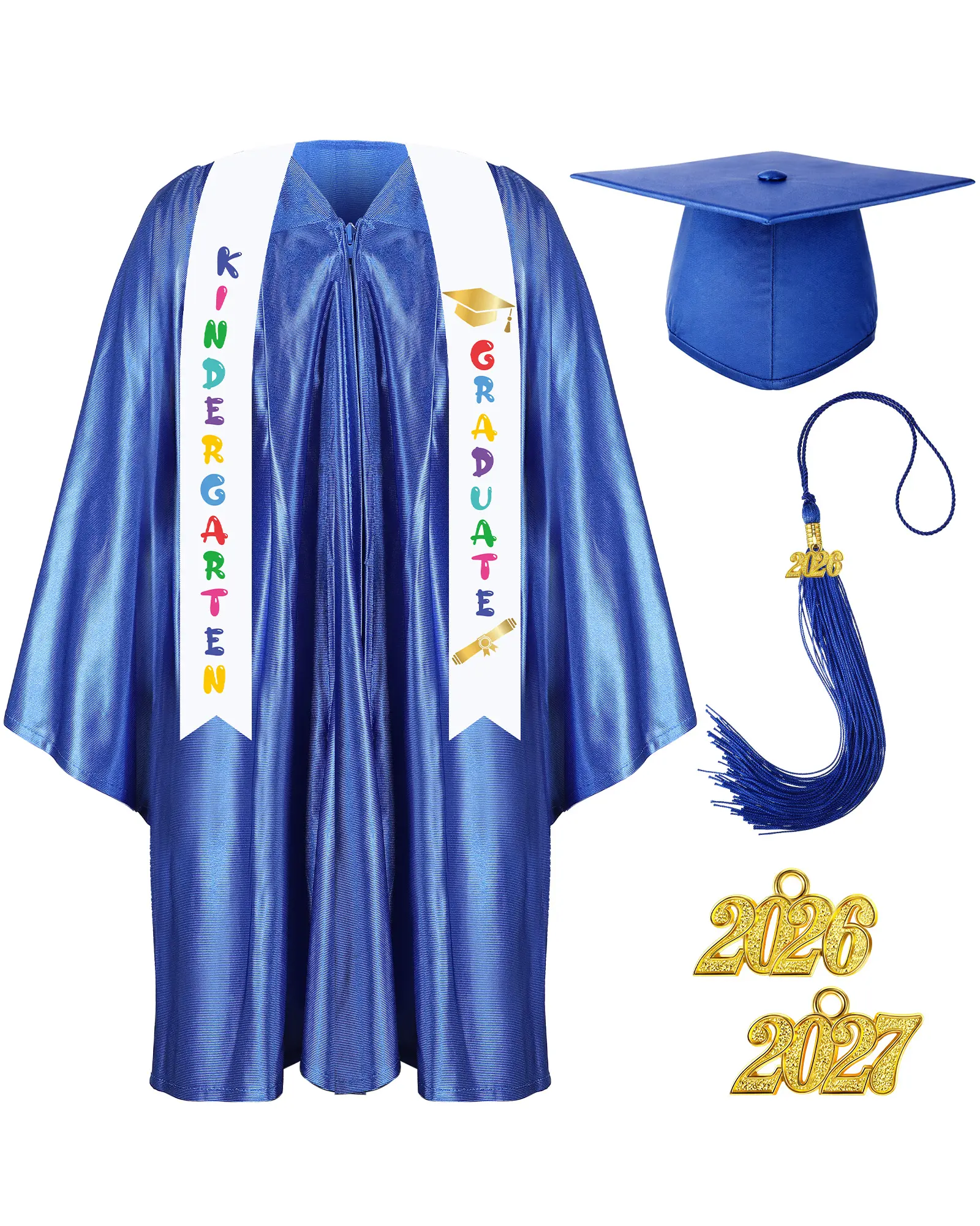 Kindergarten Graduation Cap and Gown Set for Class of 2026 Photoshoot, Satin Blink Gown, 2026 & 2027 Charms & Sash, Satin Kindergarten Graduation Outfit for Son Daughter Nephew Pre-K Preschool Kindergarten 1st Grade Grad Gift Memories Keepsakes