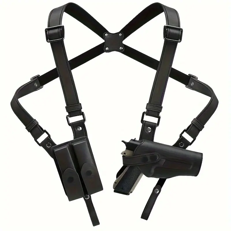 Universal Vertical Shoulder Strap Gun Holster, Suitable for Concealed Carry, with Dual Magazine Pockets - Compatible with 1911, Glock 17/19/23 and Most Handguns - Suitable for Right-Handed Use leather