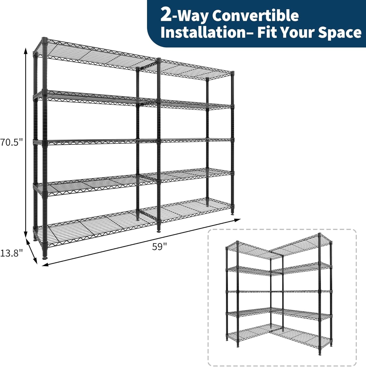 5-Tier Metal Wire Storage Rack for Food Service - Adjustable L-Shaped Industrial Shelving, 1325 lbs Capacity, Commercial Kitchen, Pantry, Garage, 59"W x 13.8"D x 70.5"H - 5 Floors, Width 35