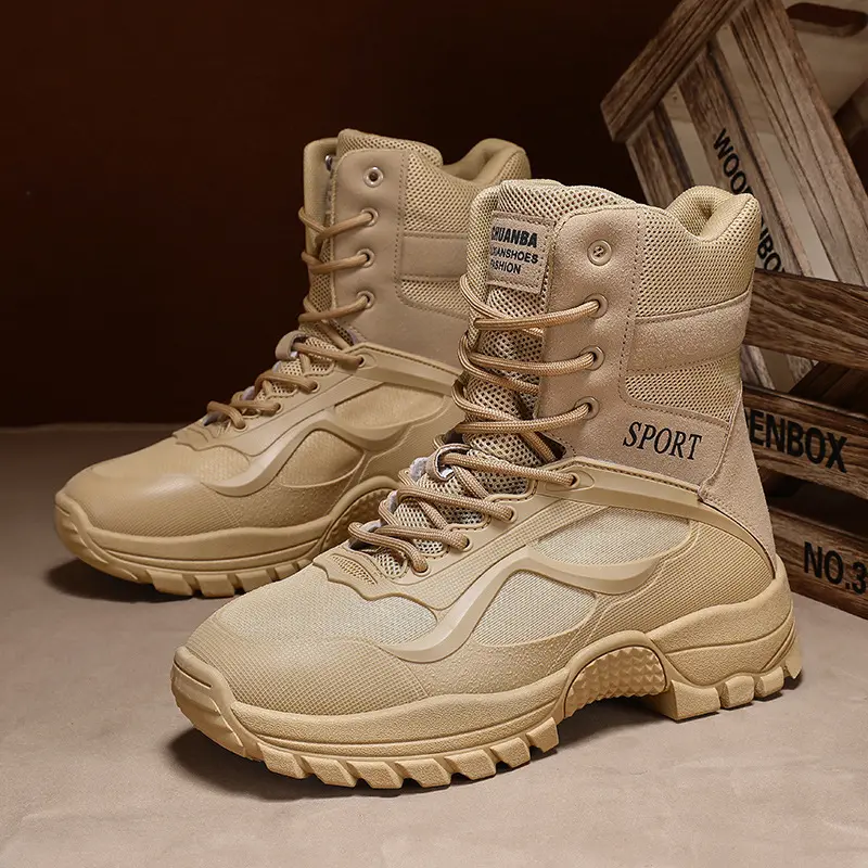 Waterproof Hiking Boots for Men Outdoor Comfort Tactical Style Boots with Breathable Mesh and Anti-Skid Sole, Walking Shoes, Footwear, Minimalist, Laces, Round Toe, Casual, Athletic, Pu Leather, Anti-Slip Sole, Closed, High-Top Boot