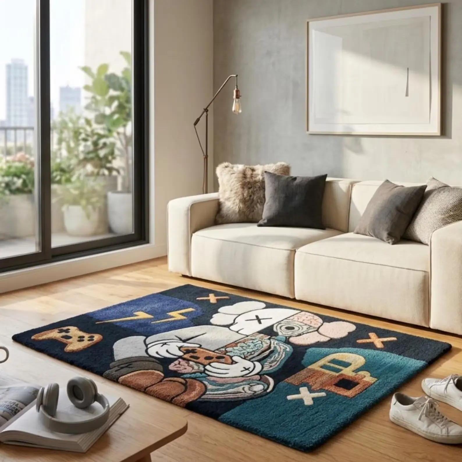KAWS-Inspired Hand-Tufted Wool Area Rug, Pop Art Luxury Hypebeast Home Decor