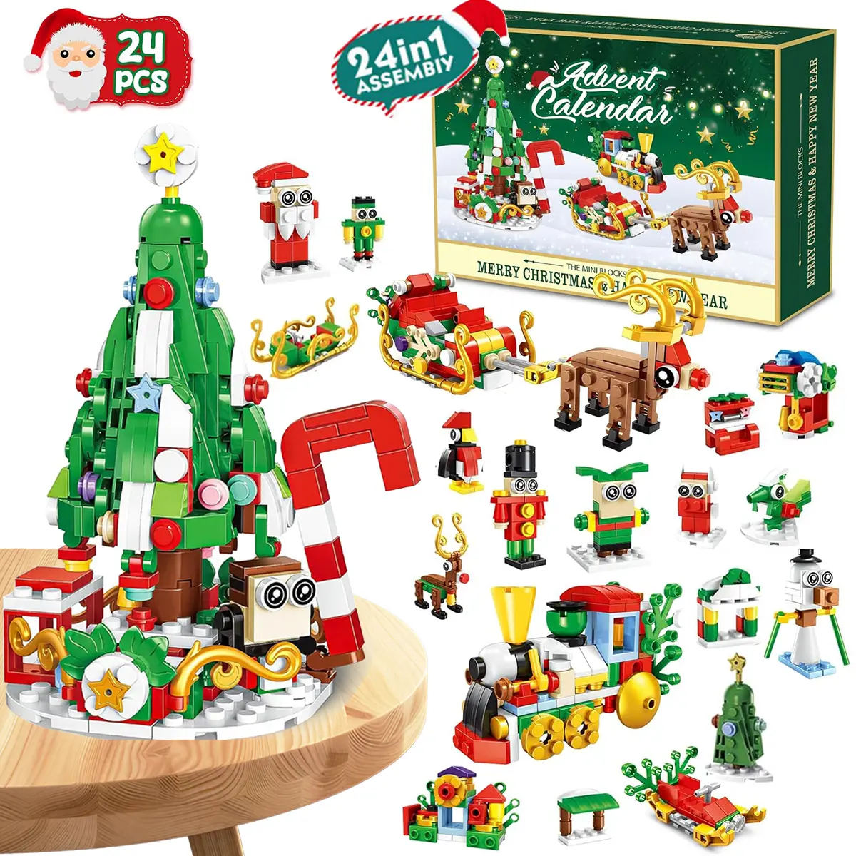 Christmas 24 Days Countdown Blind Box Blocks  | Advent Calendar Building, 24-in-1 Xmas Bricks Kit, Santa & Christmas Tree Building Toy, Kids Holiday Gift