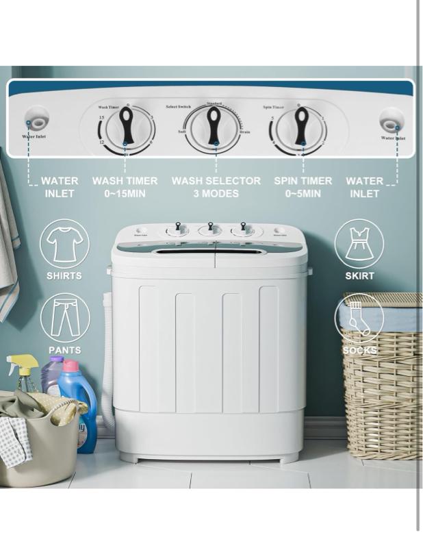 JB Compact Mini Portable Twin Tub Washing Machine, 13lbs Capacity, Washer Wash and Spin Cycle Combo with Built-in Gravity Drain for Camping, Apartments, Dorms, College, RV's and Small Spaces