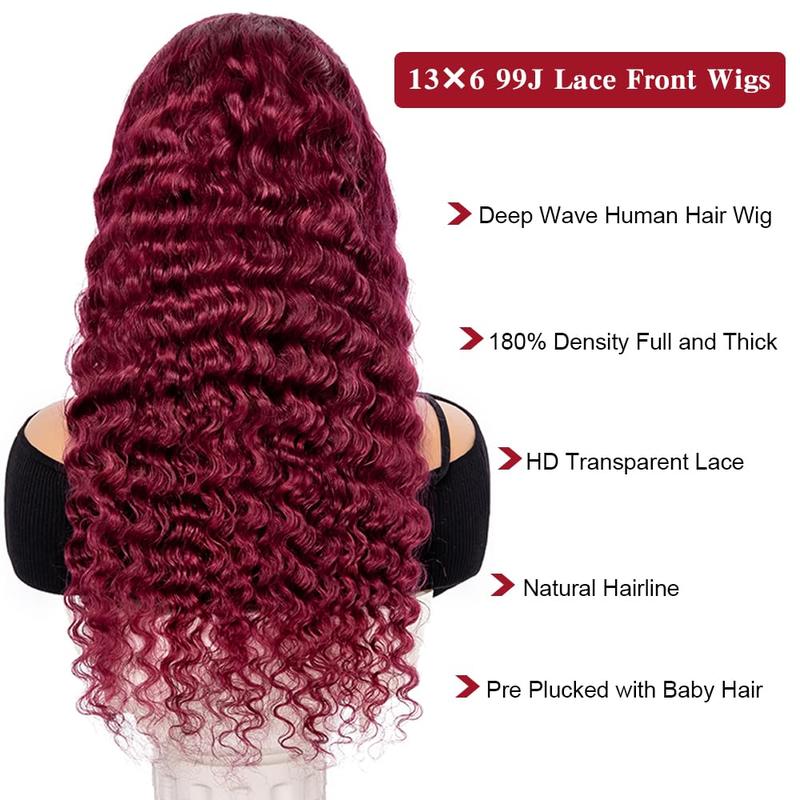 99j Burgundy 13x6 Deep Wave Lace Front Wigs Human Hair  HD Transparent Lace Front Wigs Human Hair for Women 180 Density Pre Plucked Wet And Wavy Red Colored Deep Curly Lace Frontal Wig