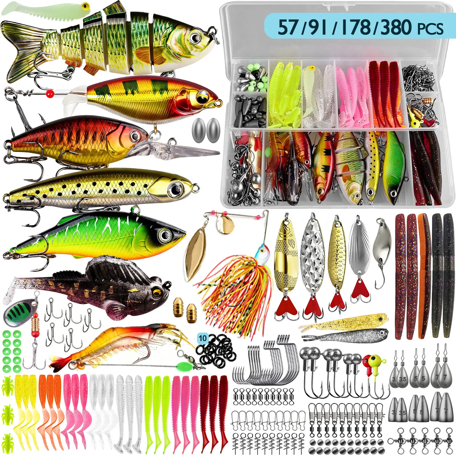 57/91/178/380 Pcs Fishing Lures Kit, Artificial Fishing Lures, Fishing Bait Set, Fishing Supplies, Fishing Equipment, Tackle Box with Hooks, Weights & Accessories, Perfect Gift for Freshwater Bass Fishing, Fishing Kits