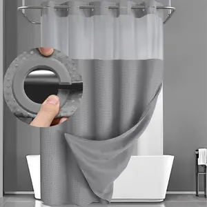 No Hooks Shower Curtain Modern Dark Grey Waterproof Double Layer Fabric with Snap-in Liner & Top Sheer Window 72x75 Inches - Light Home Essentials
