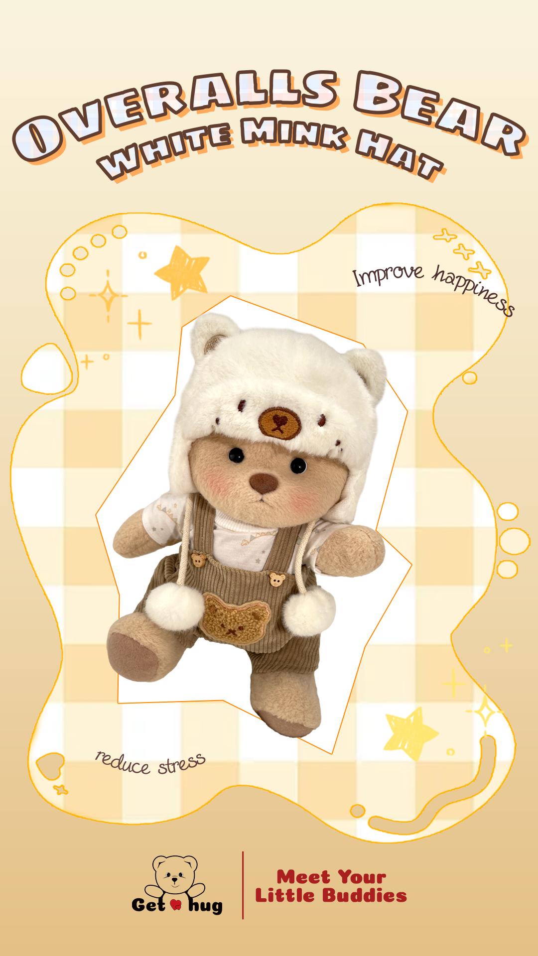 GETAHUG White Mink Hat Brown Overalls Bear Handmade Jointed Teddy Bear Gift 12" Standing Height Soft Stuffed Animal Durable Soft Fluffy with 5 Interactive Joints & Exquisite Outfit