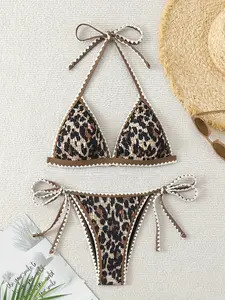 Women's Leopard Print Bikini with Contrasting Beach Two-Piece Set