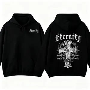Men's Eternity Cross & Letter Print Drop Shoulder Hoodie Regular Fit Drawstring Pocket Sweatshirt for Fall & Winter Casual Wear
