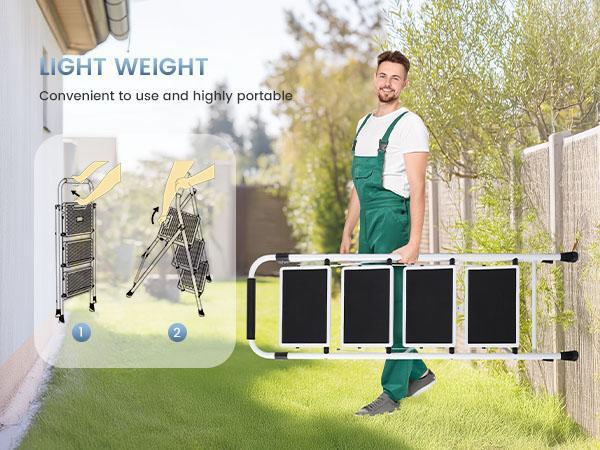 44 Inch Iron Stepstool, 4 Folding Stepstool with Non-Slip Pedals and Comfortable Handrails, Sturdy Steel Ladder Portable Heavy Duty Stepstool for Kitchen, Garage and Outdoor Use, black