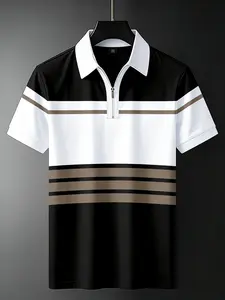 Men's striped printed golf shirt, casual half zipper lapel short sleeved shirt, suitable for outdoor activities in summer