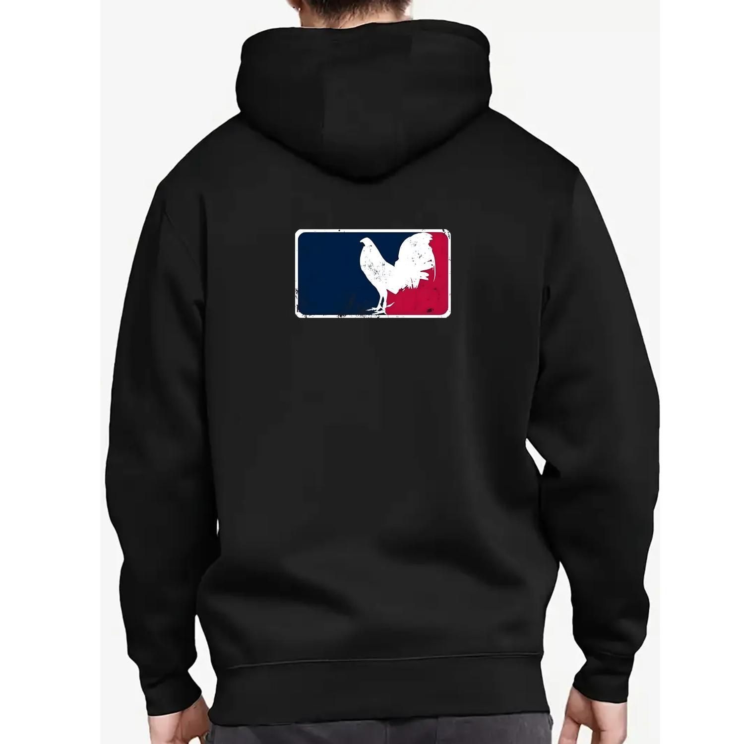 180g[100%cotton]Casual Vintage Rooster Hoodie in Black Cotton with Red and Blue Stripes Ideal for Sports Parties and Outdoor Adventures